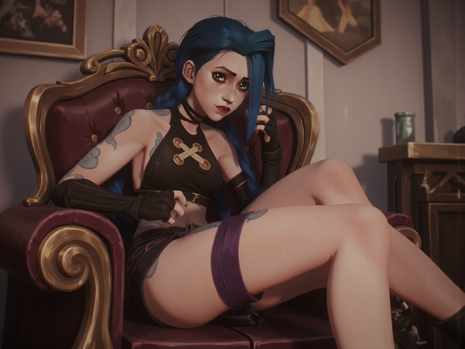 jinx style arcane ,pose sexy nu ,sans pantalon ,écart les jambes, sous vêtement sexy, short très cour,