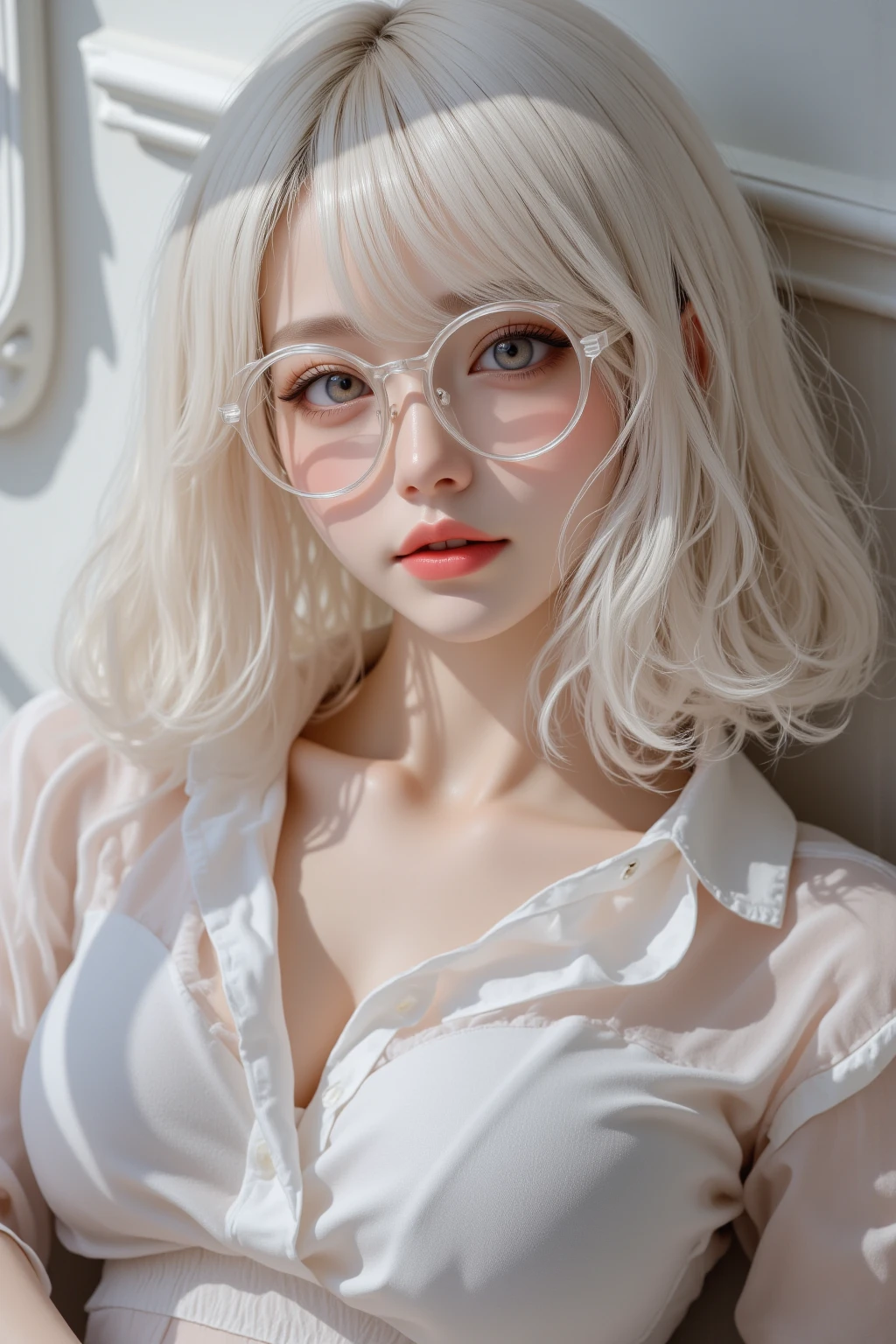  Sweet expression , Lying down, White glasses,  short white hair , (8k,  RAW photo,  realistic due diligence:1.25) ,( Lip gloss,  lashes, glossy face,  shiny skin ,  best quality ,  Ultra High Resolution ,  depth of field , Chromatic aberration,  corrosive material, wide light,  natural shadows, K-pop idol) I'm looking at the viewer with a sense of serenity and goddess of happiness, Full body,  big boobs ,  white underwear that is palpable,  black stockings , beach shirt ,  white shirt, secretary