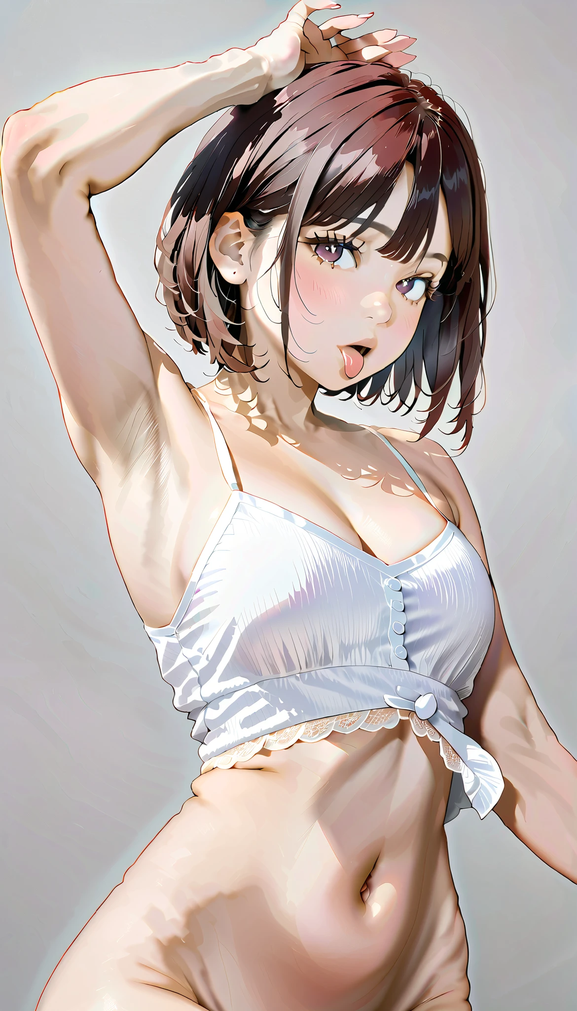   one woman，White short camisole， Sexy Camisole，Colored pencil drawing，draft ， illustration，Small face　， show armpits 　，Turn your hands backwards、 stick out her tongue slightly 