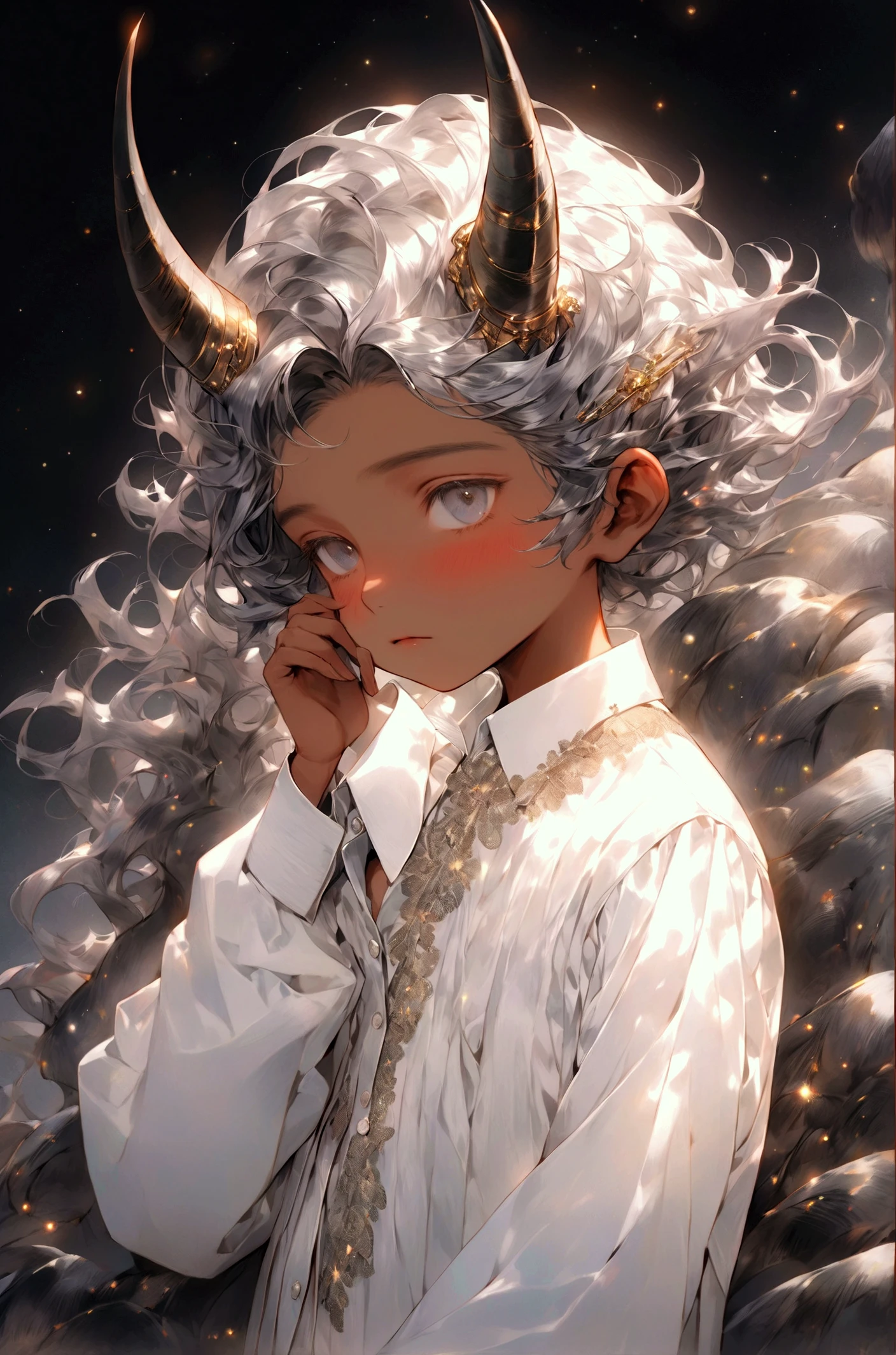 a boy of about fourteen with sluggish grey hair and gray eyes. He wears a long sleeved white shirt. He has two horns on his head. He has dark skin. 