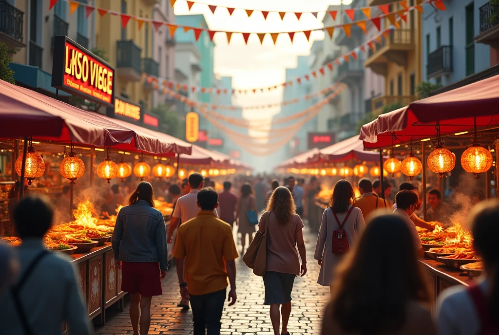 1girl, a young female news reporter in a traditional japanese kimono exploring and introducing a bustling night market, many food stalls and open kitchens with delicious dishes, japanese new year celebration, crowded street scene, shinto shrine, concept art, wide shot photograph,  Focus on food stall