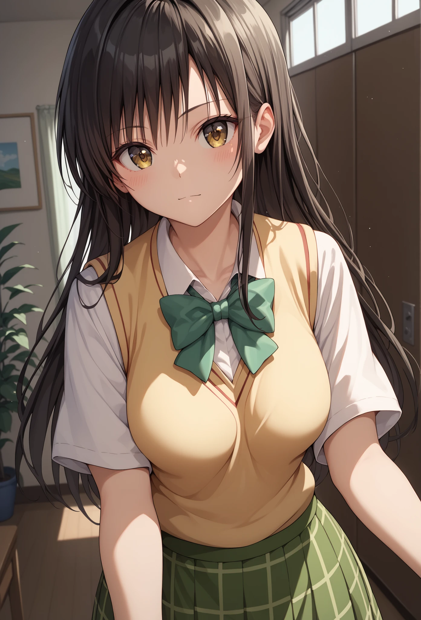 (masterpiece,best image quality,highest quality:1.3),(8K:1.4), defYui,18-year-old, Yellow sweater vest,(NSFW),(shirt lift:1.3),(Fabric lift:1.3),(white underwear:1.3),beautiful nipples,beautiful breasts,white shirt, short sleeve, green bow tie, plaid mini skirt, big breasts, Bright colors,(indoor, Bedroom;1.3), blue sky, sitting on the bed,embarrassing, looking at the viewer, cowboy shot, head tilt