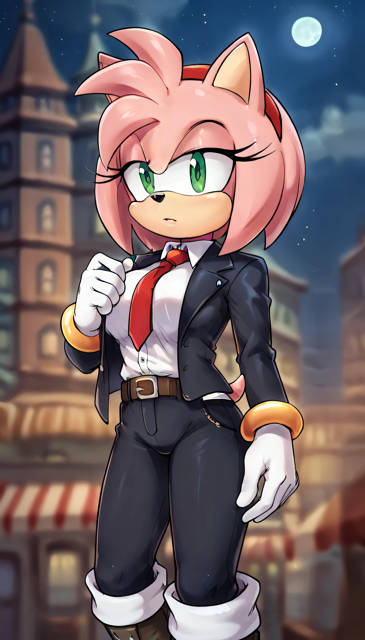 1girls, solo,female_focus, necktie, formal, gloves, suit, , adjusting_clothes, belt, hand_in_pocket, shirt, , , jacket, pants, long_sleeves,, Windows, Building ,furry female, solo, animal ears, animal nose, body fur, fur trim, white gloves, bracelet, tail, boots,moon, night ,large breast,Amy Rose