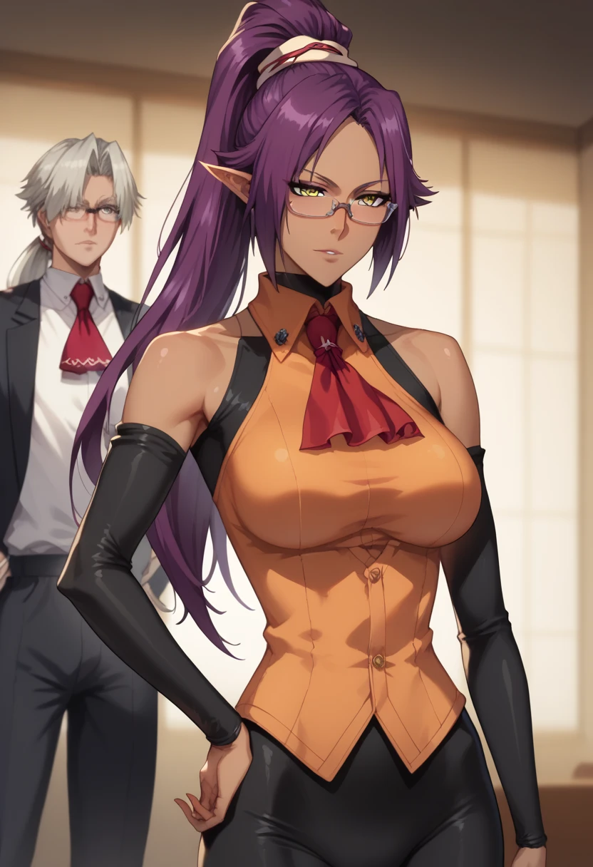 Red hair, Rosto detalhado, grandes olhos, hair over eyes, long hair, pointy Elf ears, panties, peitos muito grandes, cabelos vermelhos encaracolados, integra hellsing long hair, blonde hair, blue eyes glasses, red ascot, cross, formal, suit, pants, yoruichi shihouin, long hair, yellow eyes, ponytail, purple hair, dark skin, dark-skinned female, bodysuit, black bodysuit, bodysuit under clothes, orange shirt, long sleeves, bodysuit, black bodysuit, bare arms, bare shoulders, mature female,grey hair, brown eyes,glasses,top knot