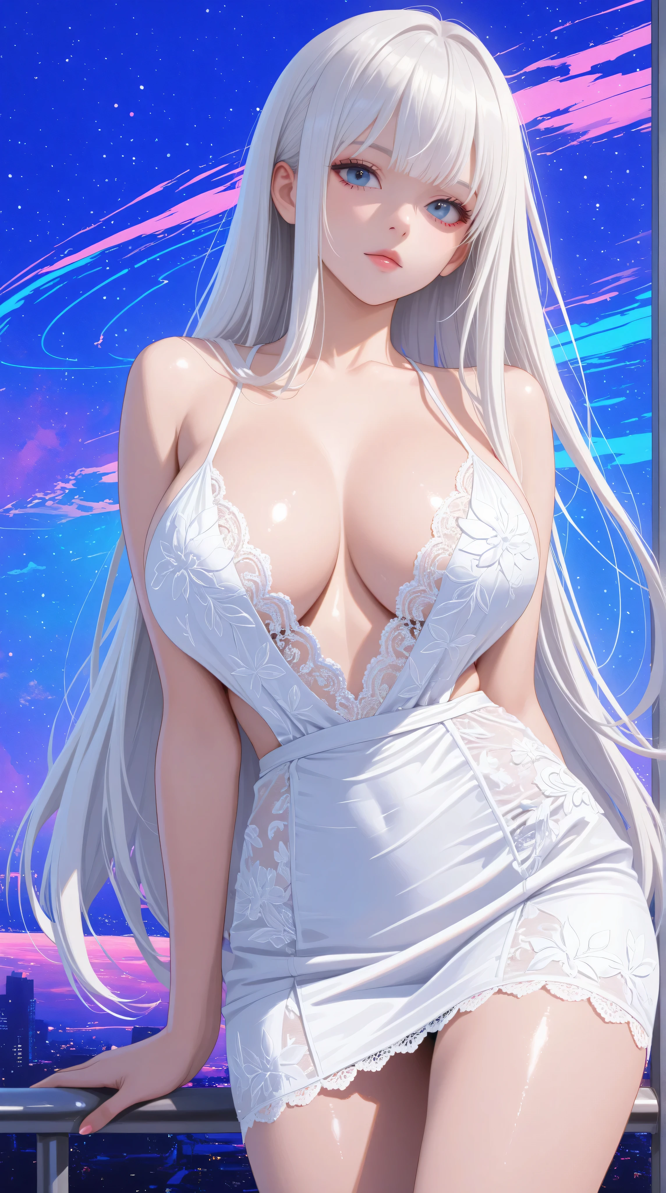 white hair, white woman, blue eyes, white lace dress, ((best quality)), ((masterpiece)), (detailed), cyberpunk, ((japanese girl)), surreal, in the illustrative style of moebius, ethereal, medium breasts, cleavage, ulzzang, kizi, (eyes looking off to side), Highly detailed, Amazing work，Vitreous luster, blues, yellows, Best quality at best, huge breasts, cleavage, shiny skin, colorful background, blue background, purple background, plunging neckline, sexy pose, dynamic pose, 