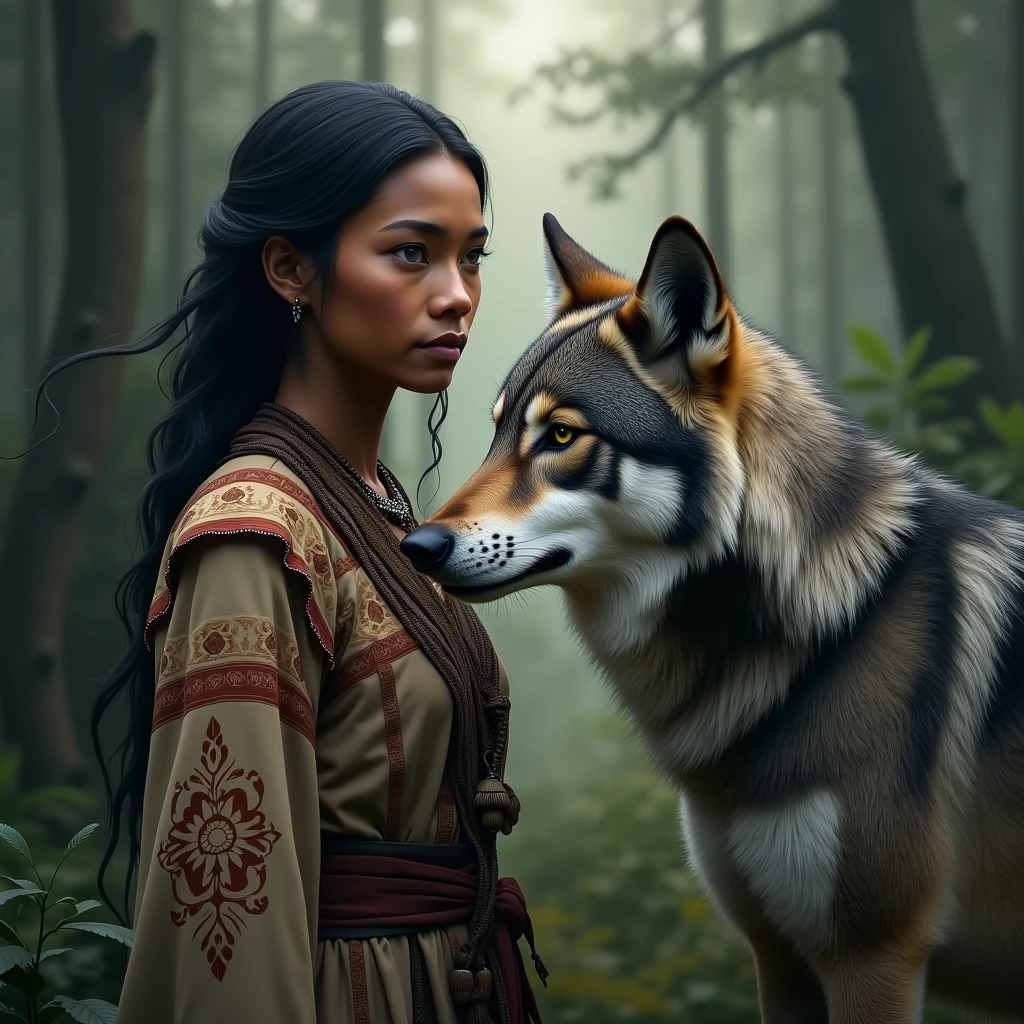 uma mulher com um lobo no ombro em uma floresta, female anthropomorphic wolf, retrato do lobo da fantasia, wolfgirl, companheiro lobo, Lobos e seus tesouros, Angiewolf, grande lobo, Directed by: Anne Stokes, arte de fantasia detalhada, awesome art, arte de fantasia altamente detalhada, retrato bonito da arte da fantasia, uma bela raposa senhora, usando armaduras de pele intrincadas