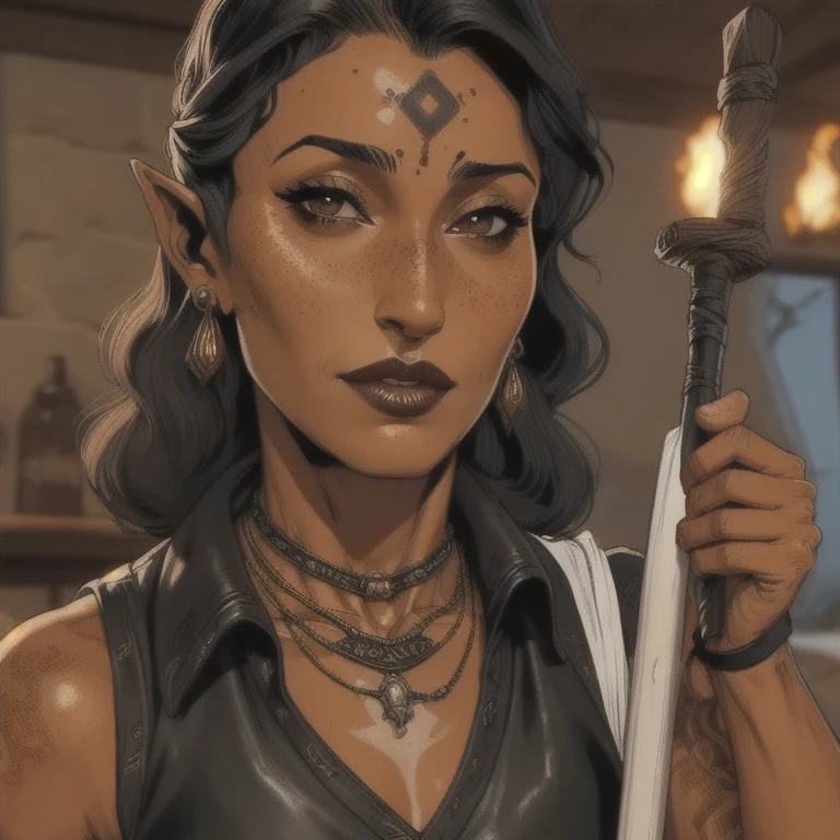 beautiful Female orc blacksmith wearing light leather armor, solo, alone, has long black braided hair, wearing yellow dress,