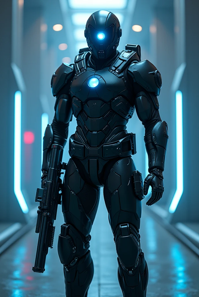 cyber soldier,  laser blade dressed in black power armor , a futuristic rifle in hand,  the helmet has a blue circle-eye on a background of emptiness and blue neon light.