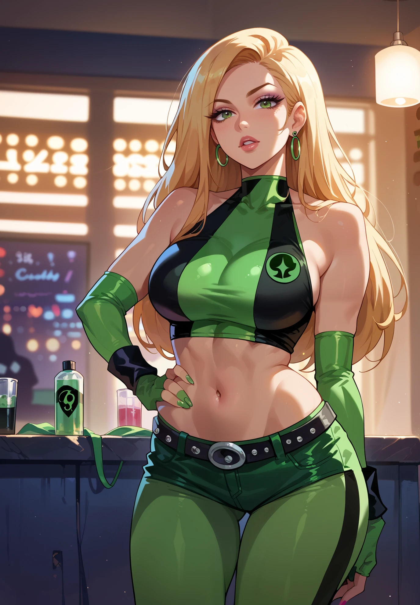 gorgeous woman, bio corset, ((biopunk)), long flaxen hair, leather pants, belts and straps, pouches and vials, chains, standing in an biotic workshop, green bubbling liquids and slime