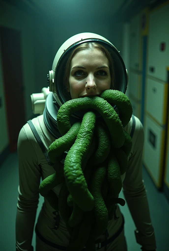 Kate Mara, age 25, dressed in a bath towel, is fleeing from her bathroom which is filling with translucent grrn slime that is extending slime tentacles at Kate
