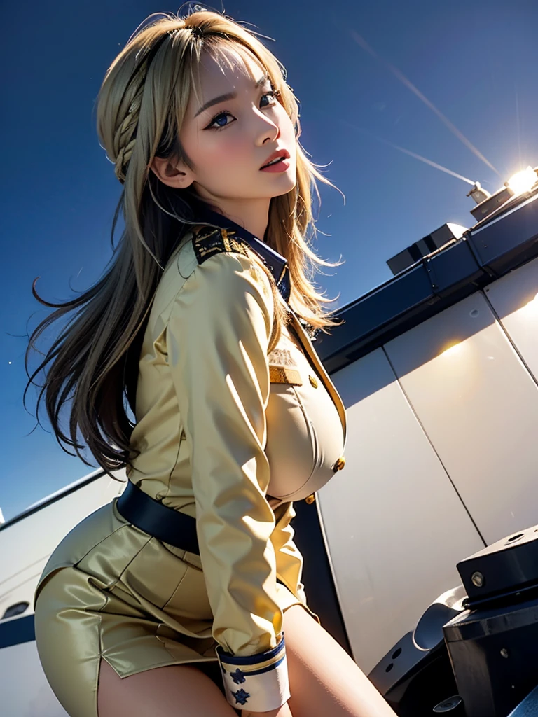 Highly detailed CG Unity 16K wallpaper,  masterpiece、 best quality、With the highest quality, super detailed, Master Piece, Realistic, photograph realistic, extremely detailed cute girl, 35years old, (((( blonde long hair ))))、 hair swaying in the wind 、((((low angle)))) , (( sexy poses ))、 ((Japan Maritime Self-Defense Force yellow uniform、 Knee-length skirt )) ,  blush , Round eyes, Chubby, looking viewer, cowboy shot , ((( looking at the ocean from the roof of a ship,Standing on the roof of a ship))),   the sun shines outdoors 、The wind blows outdoors 、 watching the ocean from the outside 、Irido clouds can be seen in the blue sky 、 sunlight illuminates the clouds、Sunlight shines on a woman、 (( Japan Maritime Self-Defense Force yellow uniform、 Knee-length skirt )) ,  ( Lace Underwear with Realistic Details ) 、(( Top Quality White Lace Panties )),   、((Masterpiece White Lace Panties )), cleavage、G cup big breasts、 ((Japan Maritime Self-Defense Force yellow  uniform、 Knee-length skirt ))、 yellow uniform、Big Breasts、G cup big boobs、Close the uniform button、((Japan Maritime Self-Defense Force  yellow uniform、 Knee-length skirt ))、 yellow uniform、 Big Breasts、G cup big breasts、((Japan Maritime Self-Defense Force yellow uniform、 Knee-length skirt ))、 yellow uniform、Big Breasts、G cup big boobs、Fully button the shirt 、Fully close the jacket button 、Fully zip the jacket、、Fully button the shirt 、Fully close the jacket button 、Fully zip the jacket、 I'm wearing a knee-length skirt、((((low angle))))