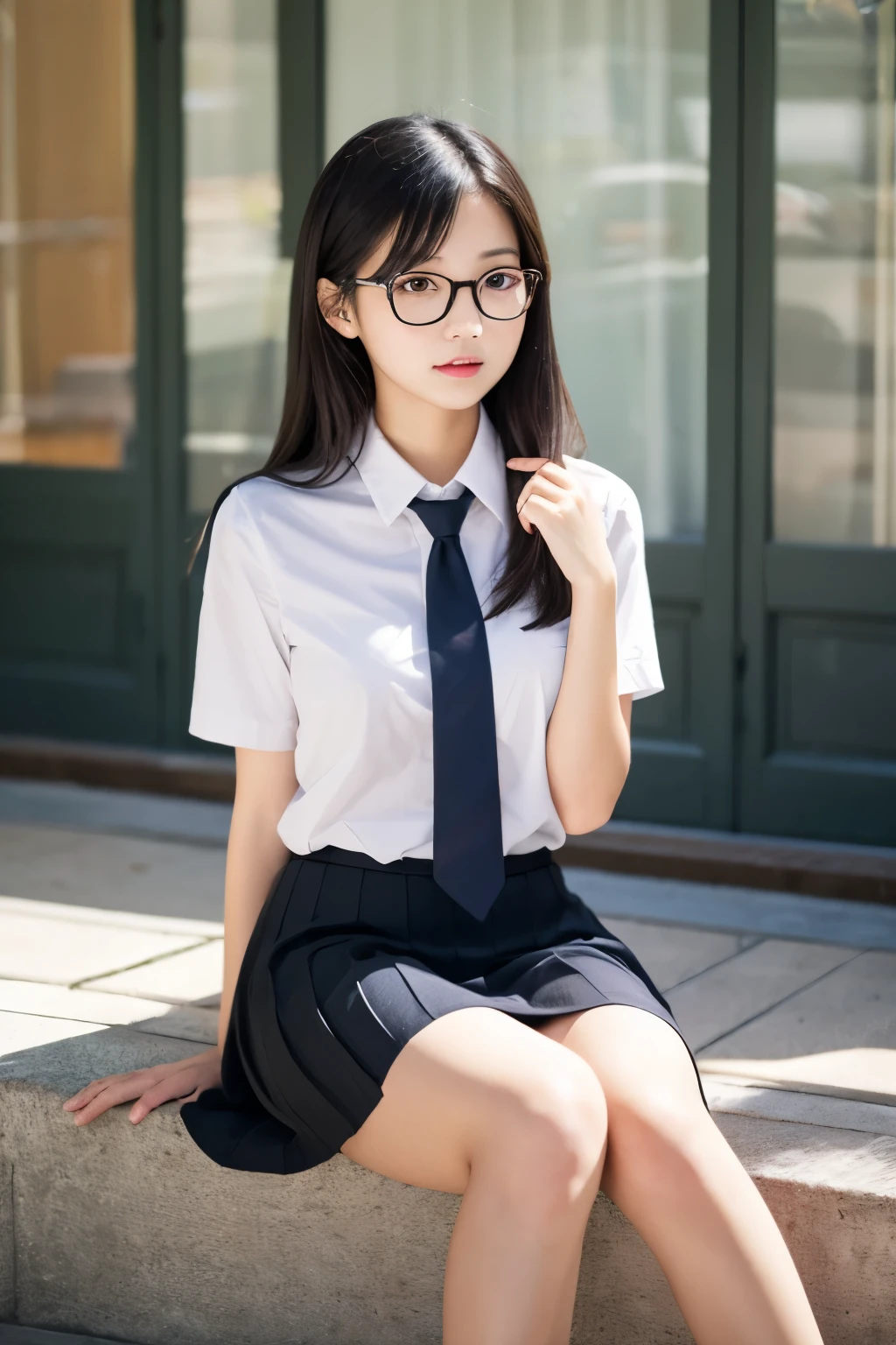 Perfect beautiful young woman wearing student uniform sitting on grass floor in the garden, slender body, white skin, realistic, wearing glasses