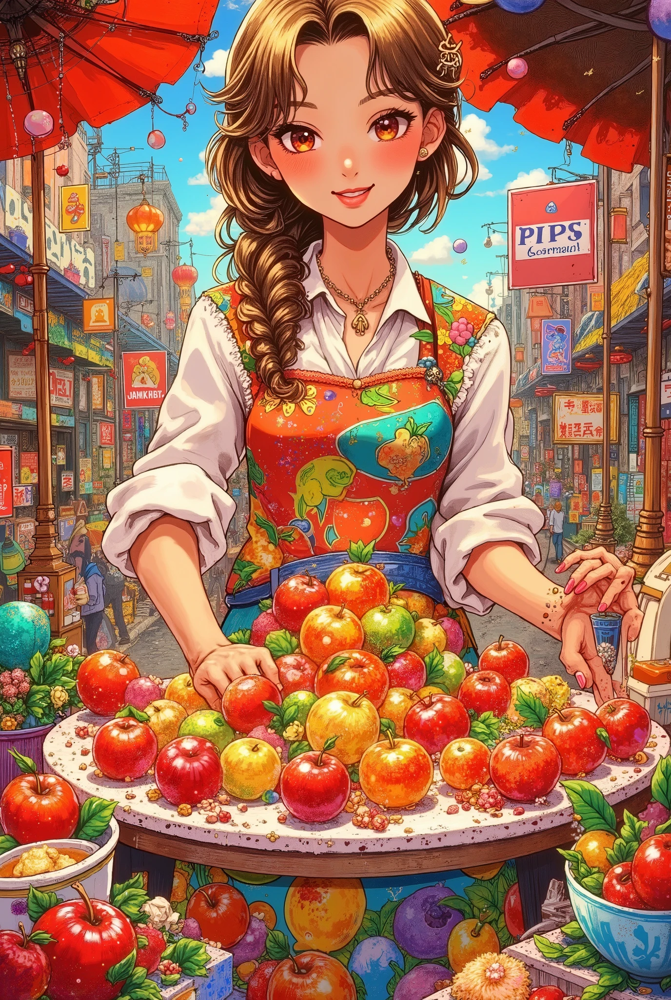 The beautiful woman at the food stall、 I'm making apple candy ,  I'm making apple candy 、Starch syrup dances ,  that dances that liquid turns into amazing art,  I'm adding a sparkling magical essence ,  cute and funky street scene ,