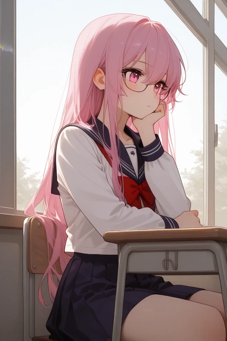 queen,  school uniform ,  classroom , distracted sitting ,  looking out the window