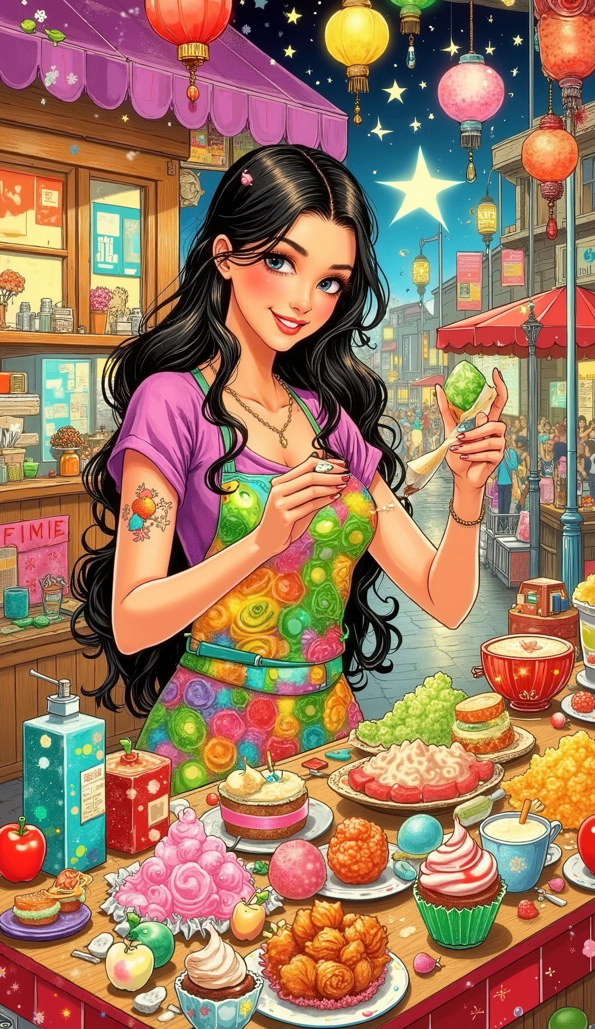 The beautiful woman at the food stall、 I'm making apple candy ,  I'm making apple candy 、Starch syrup dances ,  that dances that liquid turns into amazing art,  I'm adding a sparkling magical essence ,  cute and funky street scene ,