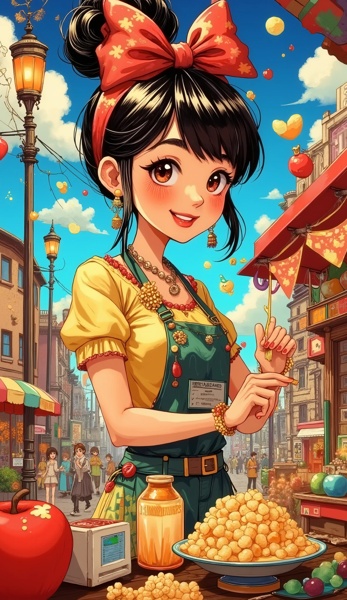 The beautiful woman at the food stall、 I'm making apple candy ,  I'm making apple candy 、Starch syrup dances ,  that dances that liquid turns into amazing art,  I'm adding a sparkling magical essence ,  cute and funky street scene ,