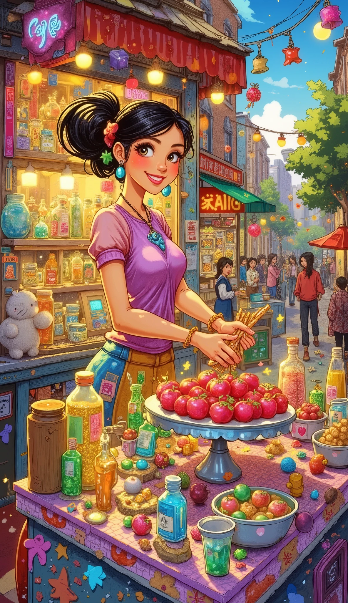 The beautiful woman at the food stall、 I'm making apple candy , I'm making apple candy 、Starch syrup dances , that dances that liquid turns into amazing art, I'm adding a sparkling magical essence , cute and funky street scene ,