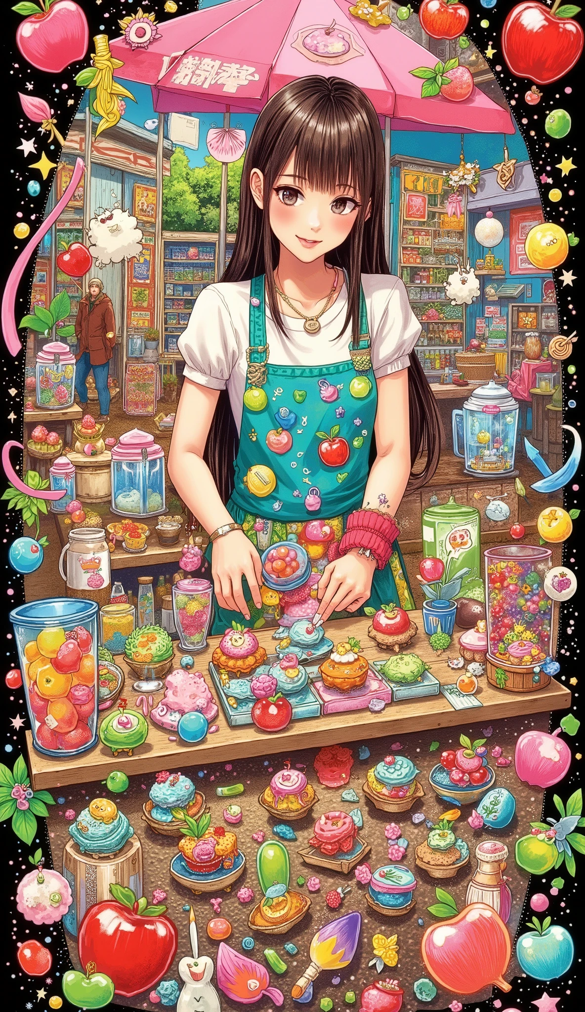 The beautiful woman at the food stall、 I'm making apple candy , I'm making apple candy 、Starch syrup dances , that dances that liquid turns into amazing art, I'm adding a sparkling magical essence , cute and funky street scene ,
