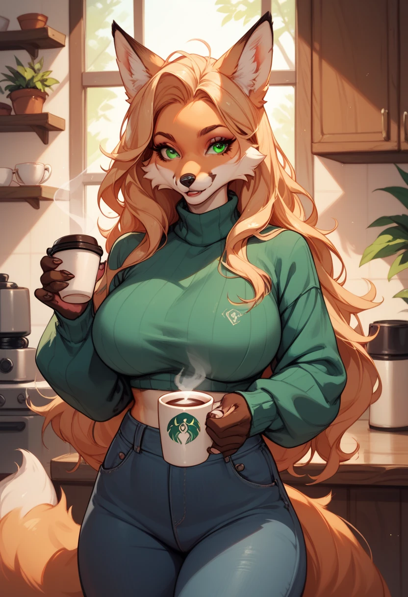 female anthro Snow leopard,Brown long fluffy hair, fluffy hair, squirrel ears, hyena, big breasts, attractive,Starbucks apron, thicc body, thicc body, thicc, freckles, freckles on face, neutral expression, smug eyes, she is standing (thick thighs:1.5)