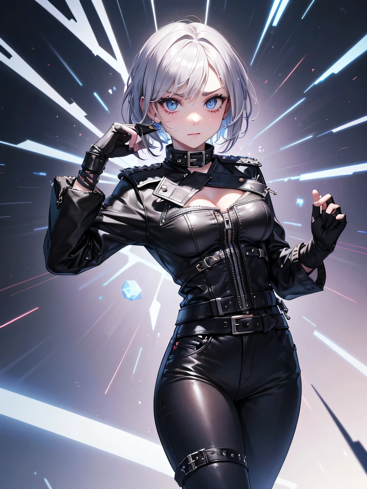 (masterpiece), best quality,  silver eyes, perfect face, highres, 1girl, solo, angelms, white hair, white jacket, jeans, fingerless gloves, dangerous pose, parkour, mean smiling, fanstasy background, cowboy shot, fullbody shot, looking at the viewer, from front, chains adornment, shurikens, daggers, kunai, ninja style
