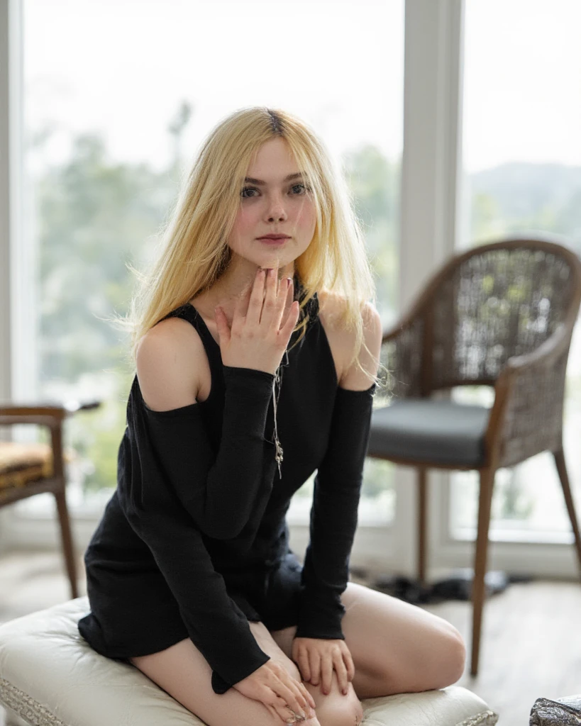 " A young woman with long blonde hair , Thin and elegant,  with an appearance similar to Elle Fanning ,  posing on a modern room with large windows that let in natural light.  She is wearing tight black sportswear . In the first pose ,  He's on his knees ,  with a sensual and confident posture ,  looking at the camera with a relaxed expression .  In the second pose ,  is turned to the side ,  resting lightly on her hands , showing elegance . In the third pose, , backwards,  is kneeling showing a stylized and athletic silhouette .  The lighting is soft and natural ,  highlighting the details of her skin and hair ,  with a sharp and realistic focus .  The environment includes minimalist furniture of light wood and a modern polished concrete floor ."

Additional configuration :

style:  Ultra-realistic photography
Resolution : 4K
:  Natural and soft
Details :  High level of detail in leather ,  clothing and textures
Anatomical proportions:  Precise and natural lighting 