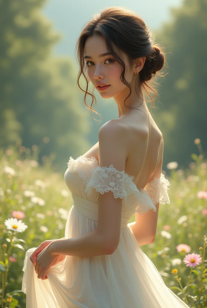 zoey_600x800_nobkgrnd-person,(medium breasts),1girl,dynamic angles,masterpiece,(detailed),(perfect skin),standing,wearing a wedding dress,holding flowers,in a field with flowers,solo,brown hair,black hair,teeth,brown eyes,short hair,a red bow in her hair,cleavage,earrings,smile,watch,collarbone,lips,epic-Ultra-HD-details,epic-Ultra-HD-highlights,perfect eyes,both eyes are the same,hd,ray tracing,4k,8k,(((full body))),(photoshoot poses),(looking at viewer),<lora:Zoey_600x800_nobkgrndV1-000006:0.7>,<lora:wowifierV3:0.3>,by mooncryptowow,