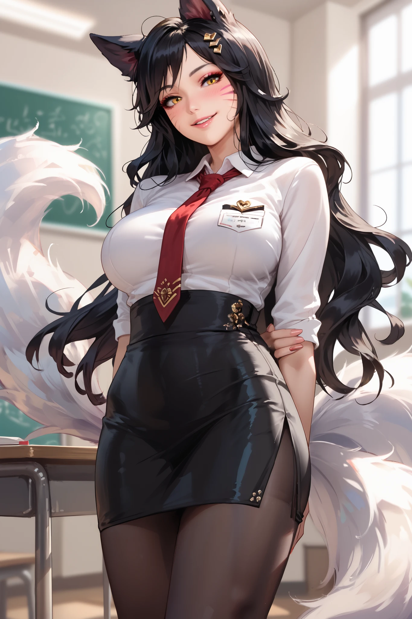 masterpiece, best quality, ultra-detailed, illustration, colorful, flat color, depth of field, 1girl, ahri, anime, standing, black hair, messy hair, yellow eyes, fox ears, looking at viewer, simple background, facial mark, hands behind back, white shirt, red necktie, black pencil skirt, black pantyhose, teacher, detailed skin texture, detailed cloth texture, beautiful detailed face, large breasts, blush, seductive smile, makeup