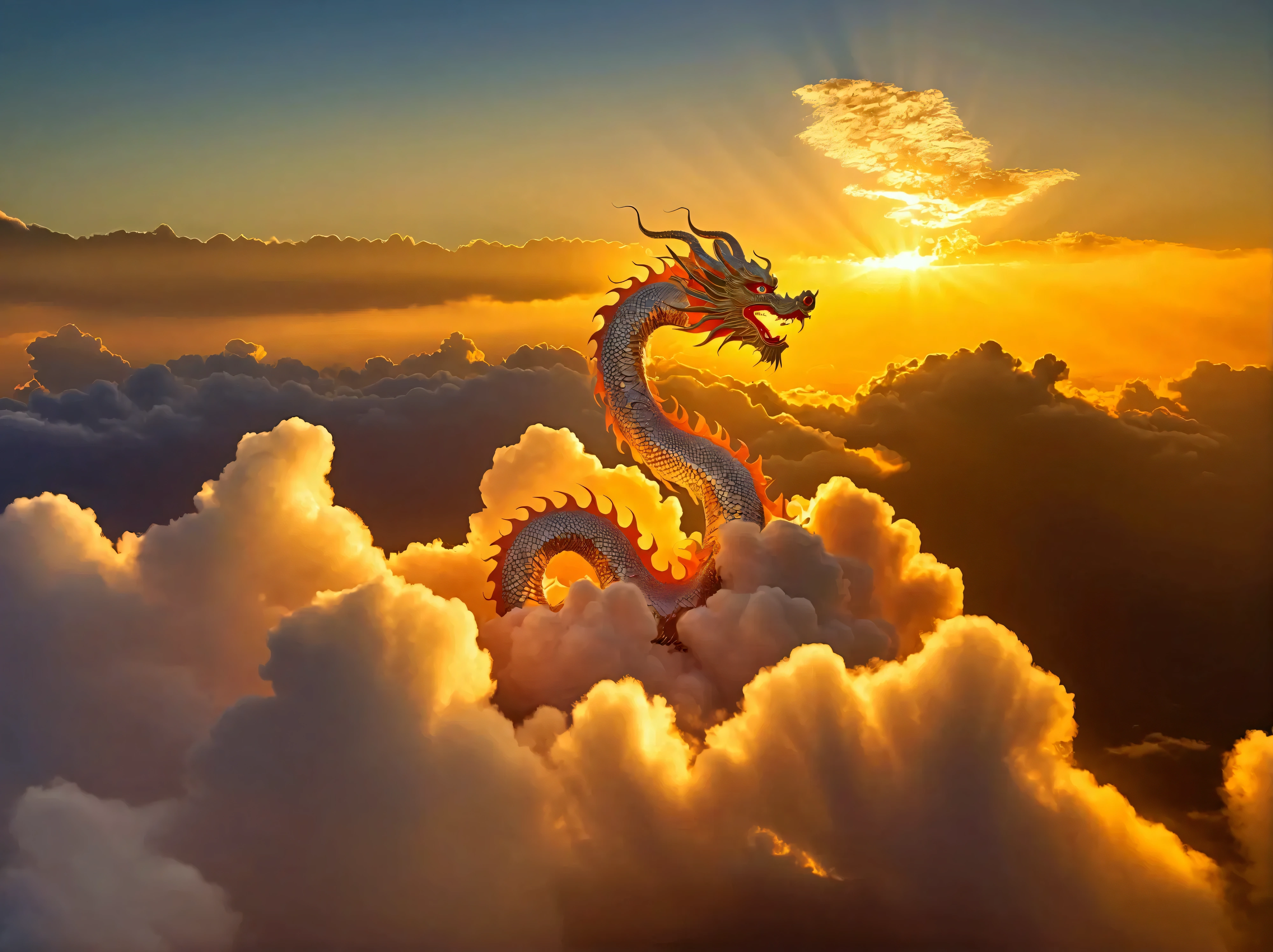 Cloud that looks like a Chinese dragon illuminated by the rays of the setting sun