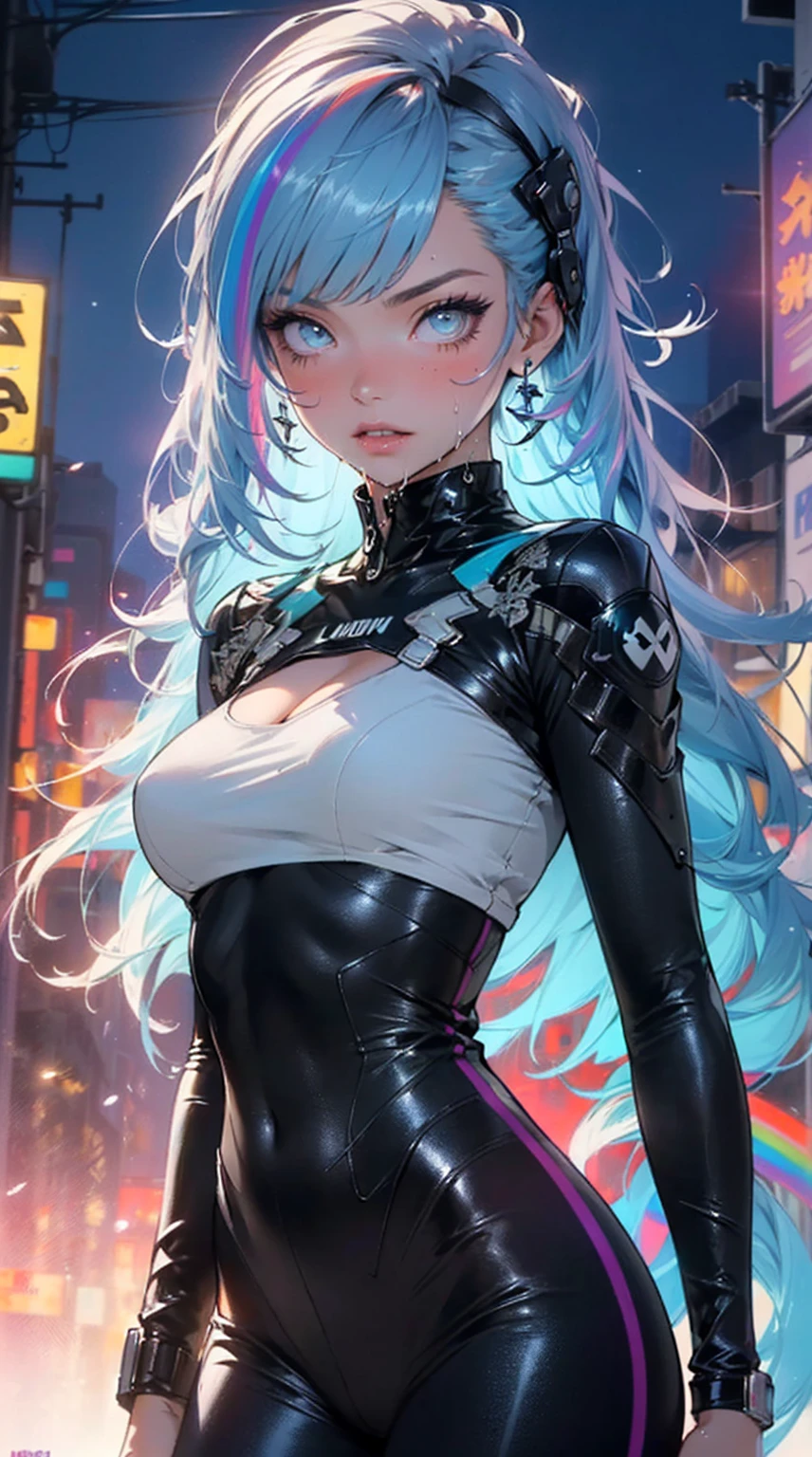 cyberpunk girl,(((1girl))),((cute and beautiful rainbow haired girl)),

(Colorful hair:1.8), (all the colors of the rainbow:1.8),crystal clear eyes,rainbow color gradient bangs:1.7,(rainbow colored hair:1.6), color splash, color explosion, (colorful), Face Paint, ((streaked hair)),(Gradient color eyes),(((colorful eyes))),

(large breasts:1.4),saggy breasts,mane,((multicolored_hair:1.3)), ((rainbow hair:1.3)),((hair bangs:1.3)),((hair with the seven colors of the rainbow:1.3)),((straight hair:1.3)),((very straight hair,very_long hair:1.5)),((The beauty of extra-long hair)),((Super Long Straight Hair)),((bangs)),(((neon rainbow eyes:1.3))),intricate eyes,beautiful detailed eyes,symmetrical eyes,((fat)),(((lustrous skin:1.5,bright skin: 1.5,skin tanned,shiny skin,very shiny skin,shiny body,plastic glitter skin,exaggerated shiny skin,illuminated skin,wet legs))),(spider lower abdomen,narrow waist,wide hip,athletic body,inflated legs,detailed body,(detailed face)),

cute,slutty,erotic,((nsfw)),

white pilot suit,white cyber suit,absurdres,Long legs,cleavage,(((wet clothes,intricate outfit,intricate clothes))),

(hypnotized pose:1.0),hypnotized,(centered,scale to fit dimensions,Rule of thirds),

cyberpunk city by the ocean at night, with bright neon signs and dark stormy clouds and puddles, scenery:1.25,nighttime, starry night, cosmos,Very dark night that makes the neon lights stand out, very bright neon lights,nighttime, starry night, cosmos,

artistic photography,(photography taken by sldr),highres, sharp focus,(ultra detailed, extremely detailed), (photorealistic artwork:1.37),(extremely detailed CG unity 8k wallpaper),((synthwave background theme)),(((vibrant colors))),intricate,(intricate background),(masterpiece),(best quality),perfect rendered face,perfect face details,realistic face,photo realistic,analog style,((intricate detail)),(((realism))),