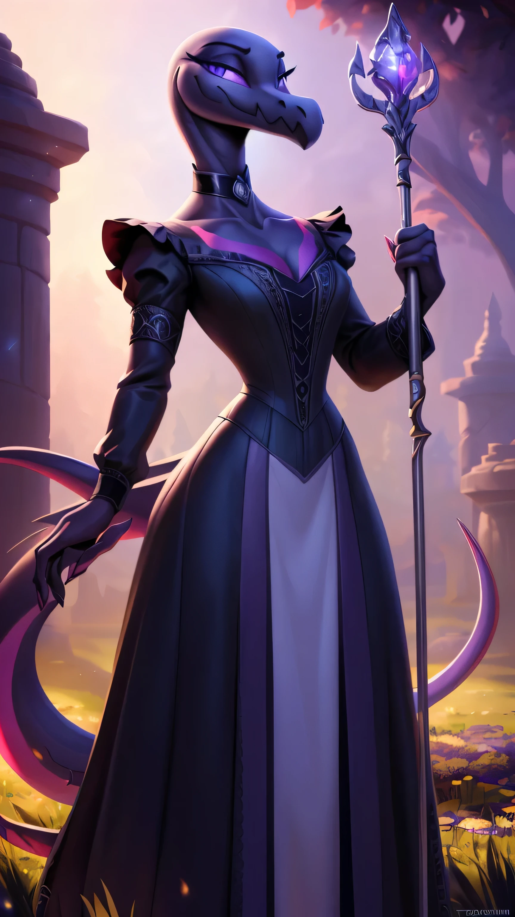 uploaded on e621, ((Salazzle)) by Pixelsketcher, by Bayard Wu, by Thomas Benjamin Kennington , by Einshelm, anthro, ((full body focus)), BREAK, ((dress:1.2)),wearing black victorian dress, long flowing dress, long sleeve victorian dress, dress flowing down past kneea, black choker, holding snake staff, (detailed Bonifasko lighting), (detailed scales), (detailed skin), (female Salazzle), BREAK, ((facing viewer)), (cinematic lighting), ((detailed background)), ((full body portrait view)), (((portrait view))), (half body shadow), [backlighting], [crepuscular ray], [detailed ambient light], [gray natural lighting], [ambient light on the belly], (higher wildlife feral detail), [sharp focus], (shaded), ((masterpiece), medium breasts, furry Salazzle, reptilian face, furry Fantasy Art, furry Art, Commission for High Res, anthro Art, POV furry Art,Sakimichan beautiful, masterpiece, best quality, detailed image, bright colors, detailed face, perfect lighting, perfect shadows, perfect eyes, girl focus, purple eyes, flawless face, reptilian girl, scales, scaled woman, colorful scales, gaze at the viewer, half-closed eyes, 1girl, full body, (masterpiece:1.21), (best quality:1.2), (illustration:1.2), (cinematic lighting:1.3), detailed scales, balanced coloring, global illumination, ray tracing, good lighting, scales, anthro, looking at viewer, short neck, (full body shot of woman holding silver staff with serpanta on it), submissive, outside, garden, good lighting, standing outside in garden, silver staff in hand, (woman standing, woman holding staff with snakes on it, woman with staff in hand), woman in garden, claws, (dark shot:1.2), (intricate details:1.12), (intricate details, hyperdetailed:1.15), hdr, outside, (at night:1.2), warm light, dramatic light, cinematic, (full body:1.2), slight smile, blushing, ((black victorian dress, slight smile, full victorian dress, dress covering whole body)),(bald, 4 foot tall, holding a silver staff, snakes on staff, silver snakes on staff)