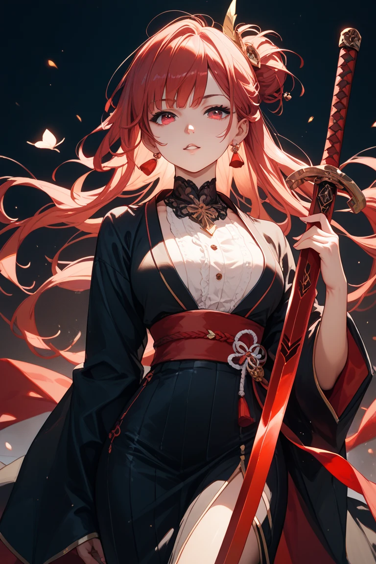 1girl,red curtain hair revealing her forehead,,red katana,red glowing eldritch magic circle,