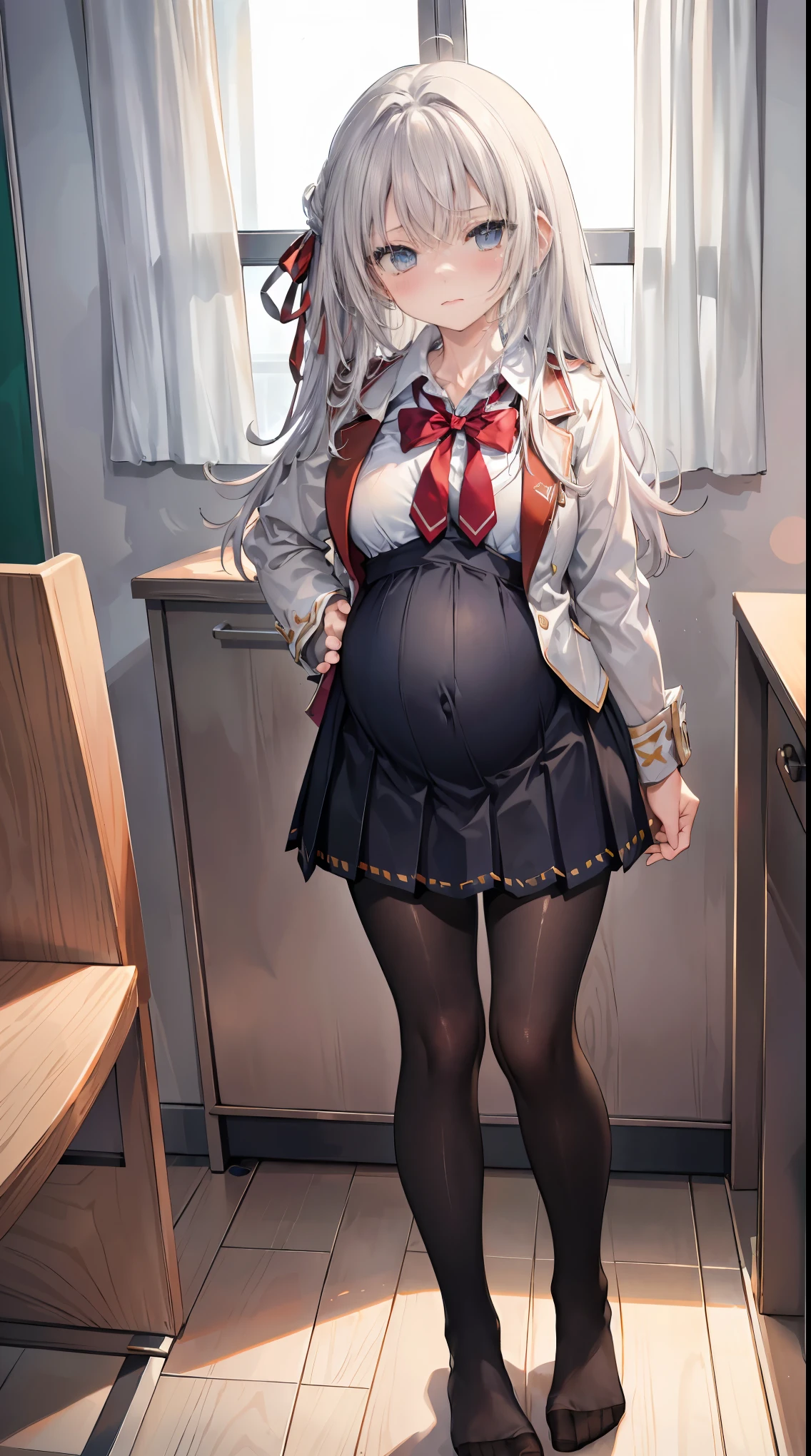 1 full length girl standing, good ass, maid of honor, Hairstyle with a white braid, white hair, blind, perfect lighting, muscular, thighs, mature woman, Mummy, belly button, ABS, look at the viewer (masterpiece, high quality: 1.1) smile, Extremely huge breasts, maternal, Porcelain skin, Extra long hair, shiny skin, good face, oni horns