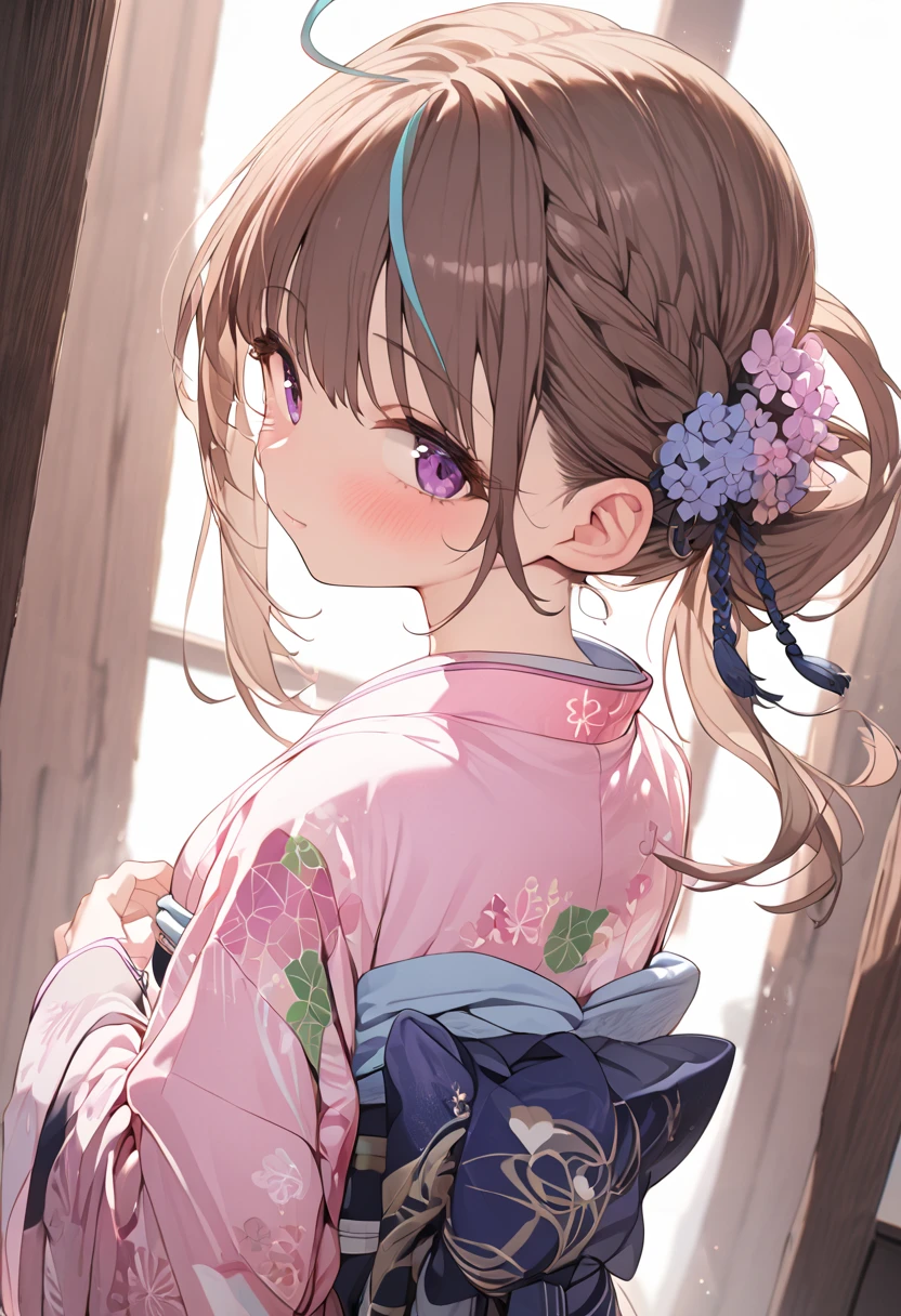 masterpiece,  best quality,  1 girl, Alone,  girl、Petite、 small tits、 little chest、 brown hair ,  medium hairstyle 、 green eyes、 Cute kimono,  Idol、 a lot of hearts、 maid clothes 