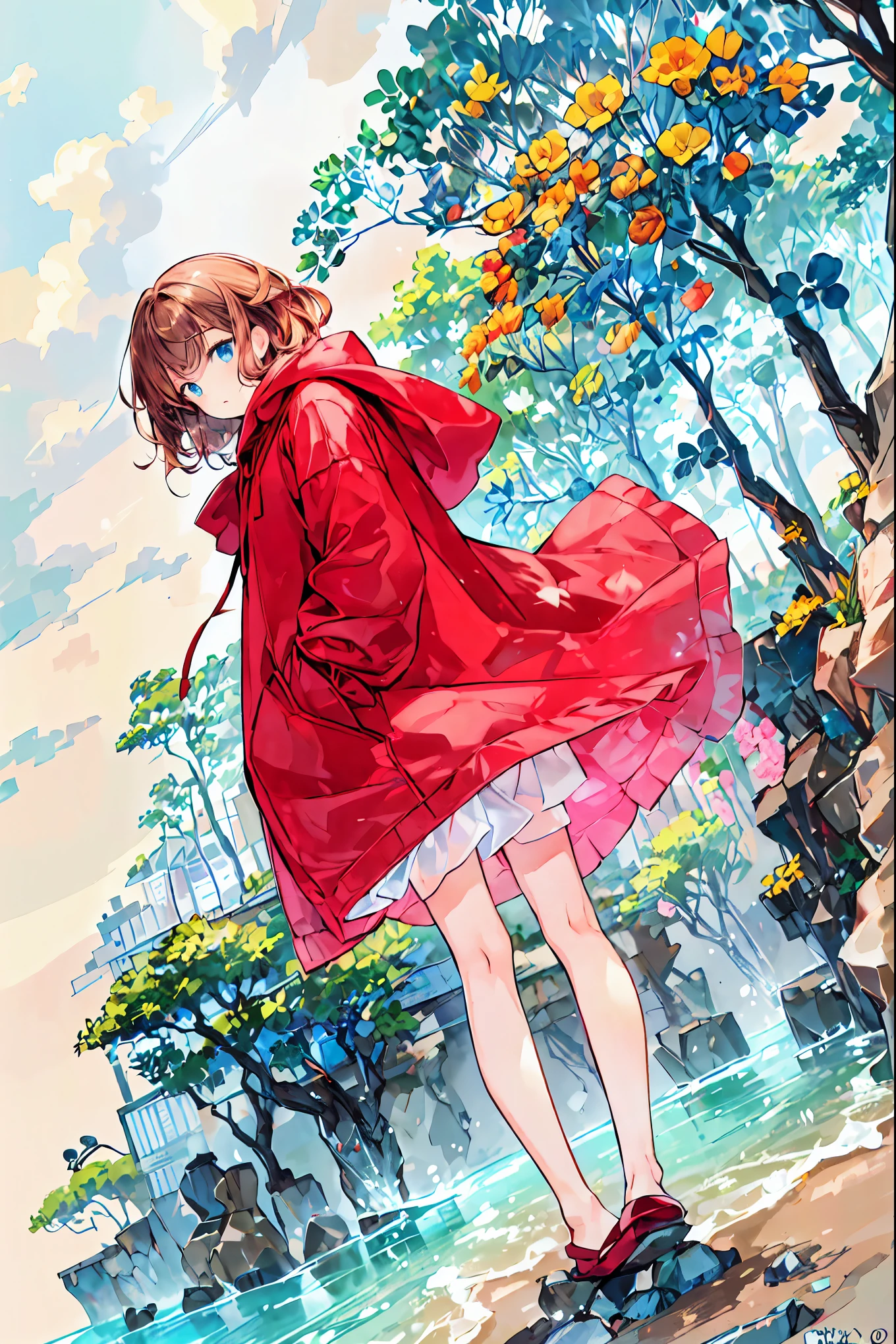 Winter clothes、Red coat、Bare legs、(Speaking Heart), happy , open your mouth, close eyes, ( top quality ,Masterpiece:1.3, Ultra-fine ),( very detailed, caustics ,8k),( realistic :1.4,RAW shooting),18 years old, Japanese , cute, カメラを見て笑faceで ,( face :1.2),( faceクローズアップ :1.2),(Low position:1.3),( low angle:1.4), brown hair, Shortcut , slender beauty , messy hair,Cityscape, brown hair, Shortcut , tousled hair , short braided hair,Neat, Slender and Beautiful、A woman with a C-cup chest ,Correct posture, small breasts, Beautiful Legs, A gentle and beautiful woman's enchanting gray-blue eyes shine like stars, written directly from the edge of her deep clothes ,Droopy eyes, bright color , beautiful eyes,繊細な笑face, Textured Skin, BEST QUALITY BEST , A humorous parody of a gentle and beautiful woman writing directly from the depths of her dress border , anime style 、