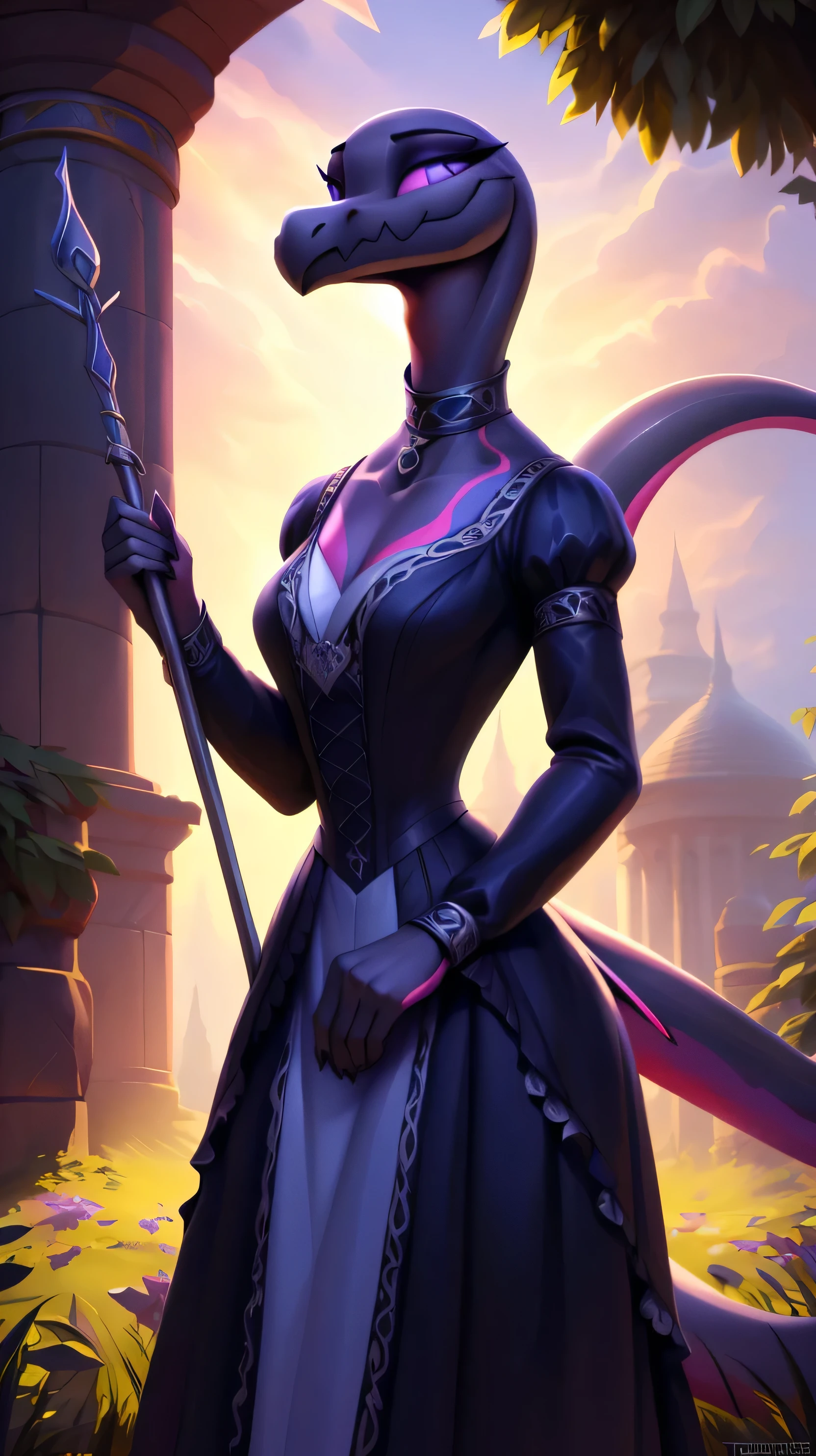uploaded on e621, ((Salazzle)) by Pixelsketcher, by Bayard Wu, by Thomas Benjamin Kennington , by Einshelm, anthro, ((full body focus)), BREAK, ((dress:1.2)),wearing black victorian dress, long flowing dress, long sleeve victorian dress, dress flowing down past kneea, black choker, holding snake staff, (detailed Bonifasko lighting), (detailed scales), (detailed skin), (female Salazzle), BREAK, ((facing viewer)), (cinematic lighting), ((detailed background)), ((full body portrait view)), (((portrait view))), (half body shadow), [backlighting], [crepuscular ray], [detailed ambient light], [gray natural lighting], [ambient light on the belly], (higher wildlife feral detail), [sharp focus], (shaded), ((masterpiece), medium breasts, furry Salazzle, reptilian face, furry Fantasy Art, furry Art, Commission for High Res, anthro Art, POV furry Art,Sakimichan beautiful, masterpiece, best quality, detailed image, bright colors, detailed face, perfect lighting, perfect shadows, perfect eyes, girl focus, purple eyes, flawless face, reptilian girl, scales, scaled woman, colorful scales, gaze at the viewer, half-closed eyes, 1girl, full body, (masterpiece:1.21), (best quality:1.2), (illustration:1.2), (cinematic lighting:1.3), detailed scales, balanced coloring, global illumination, ray tracing, good lighting, scales, anthro, looking at viewer, short neck, (full body shot of woman holding silver staff with serpanta on it), submissive, outside, garden, good lighting, standing outside in garden, silver staff in hand, (woman standing, woman holding staff with snakes on it, woman with staff in hand), woman in garden, claws, (dark shot:1.2), (intricate details:1.12), (intricate details, hyperdetailed:1.15), hdr, outside, (at night:1.2), warm light, dramatic light, cinematic, (full body:1.2), slight smile, blushing, ((black victorian dress, slight smile, full victorian dress, dress covering whole body)),(bald, 4 foot tall, holding a silver staff, snakes on staff, silver snakes on staff)