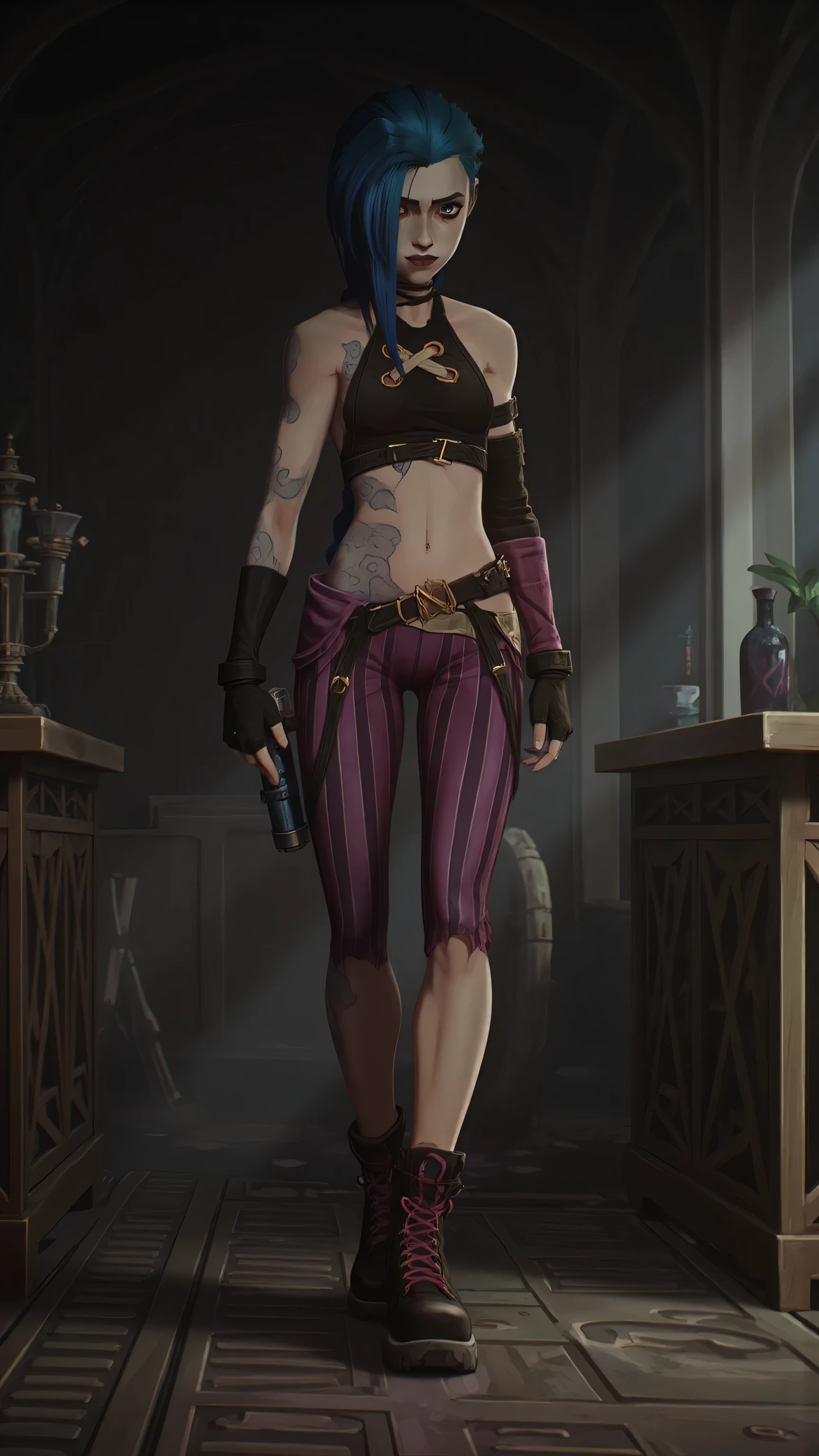 jinx style arcane ,pose sexy nu ,sans pantalon ,écart les jambes, short très cour,