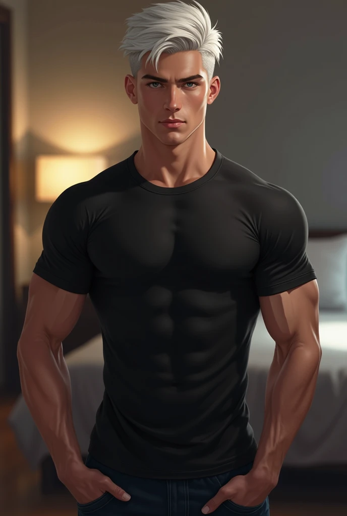 a muscular 8-foot-tall. Solo. the man's physique is powerfully built and thick, with rippling muscles visible beneath his clothing. wearing a pair of jeans and a dark blue tee shirt. clean cut clean shaven, head tilted down, Every aspect of the scene is rendered in hyper-detailed, vivid fashion - the man's chiseled physique, and the dramatic lighting and cinematic composition. side view