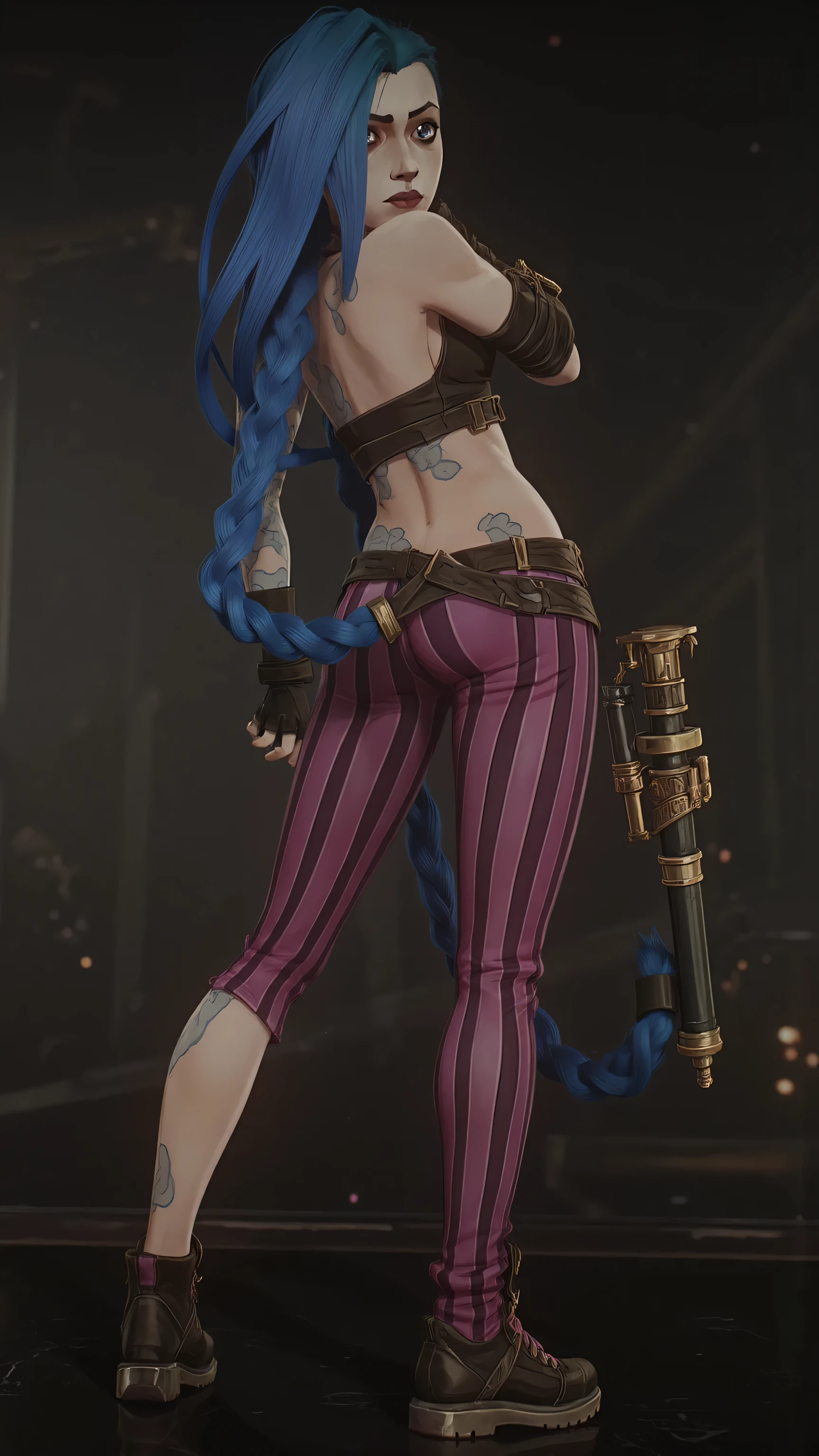 jinx style arcane ,pose sexy nu ,sans pantalon ,écart les jambes, short très cour,