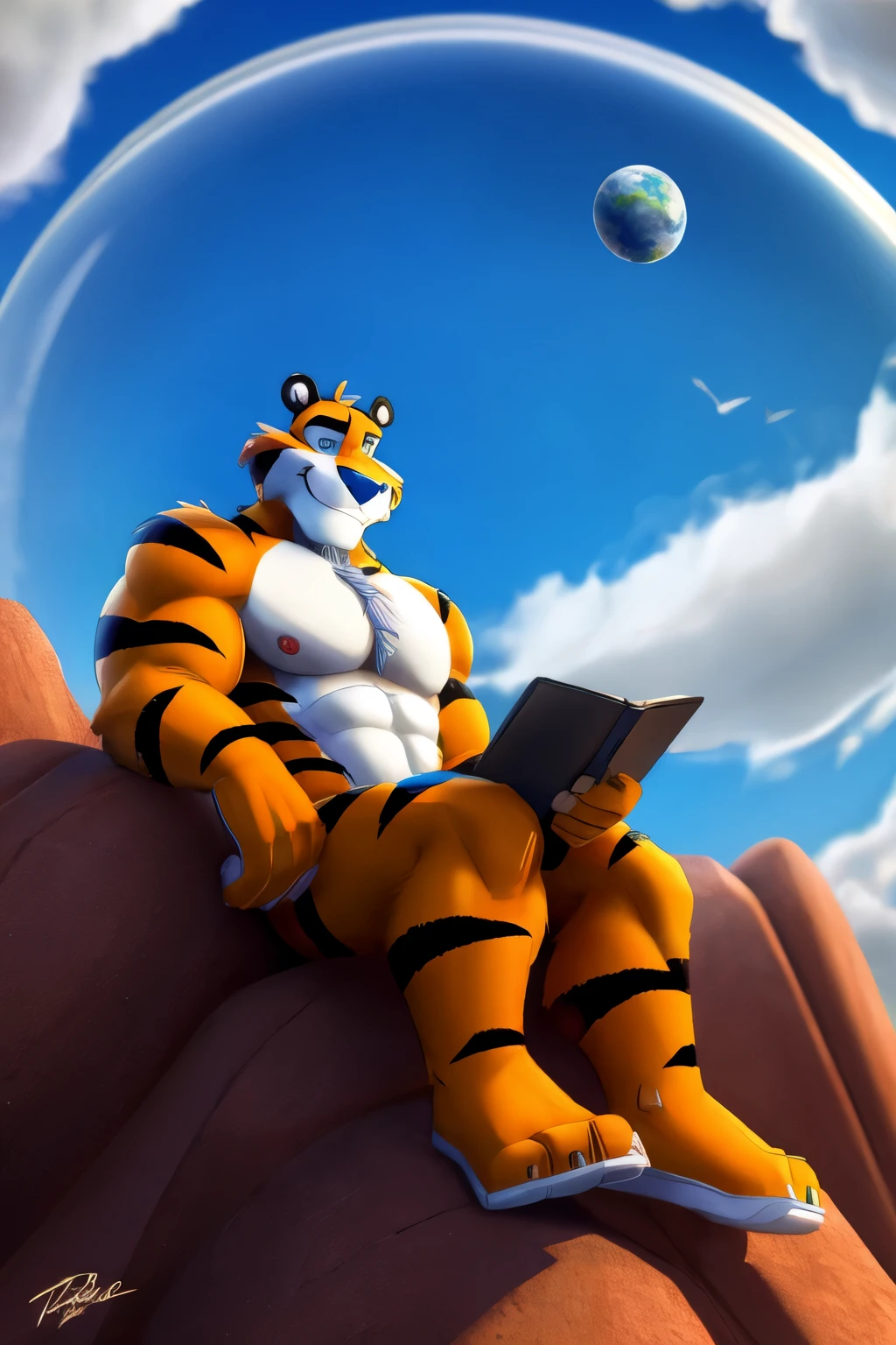 tony_tiger, macro, sitting on a tiny planet