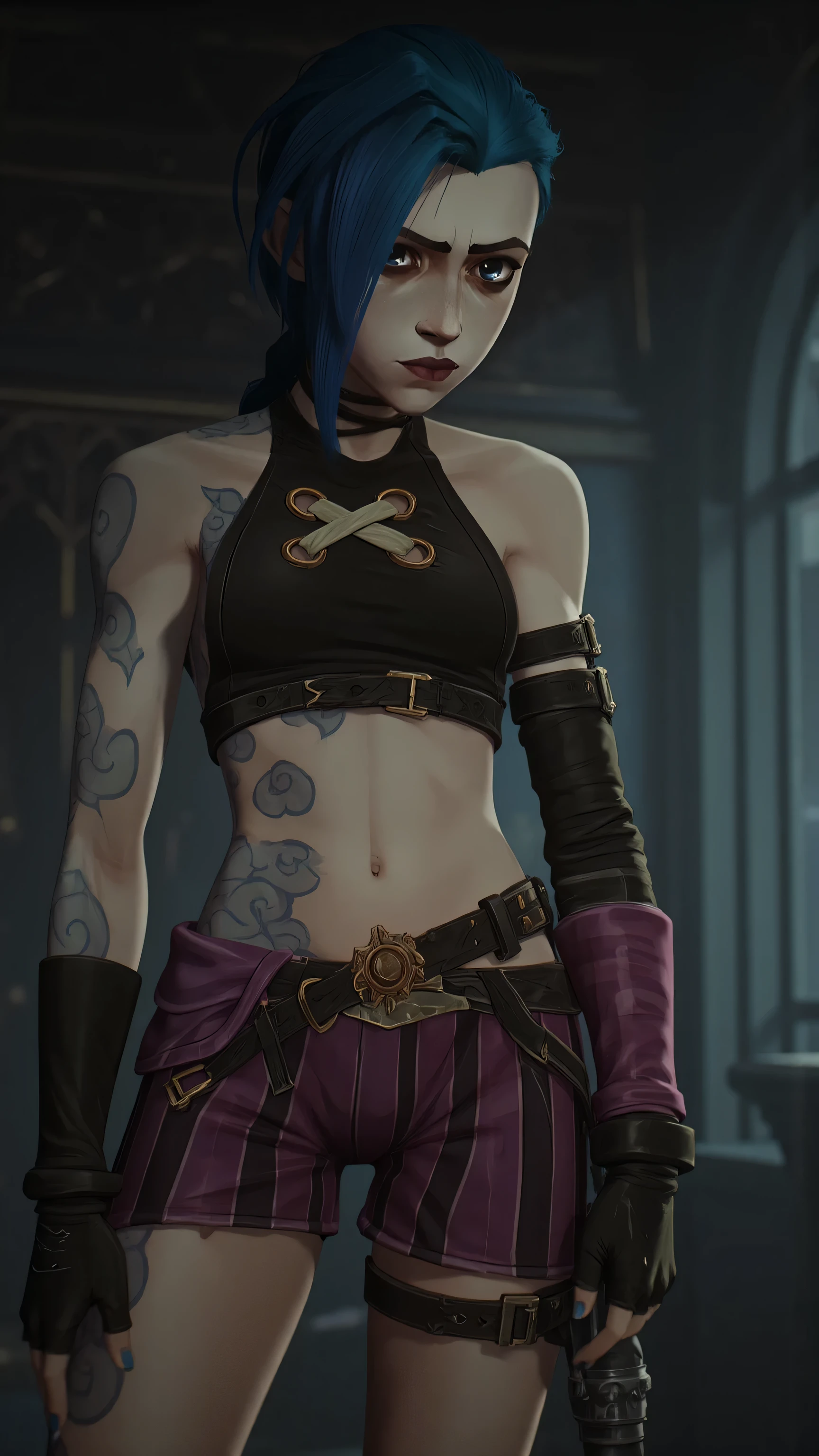 jinx style arcane ,pose sexy nu ,sans pantalon ,écart les jambes, short très cour,