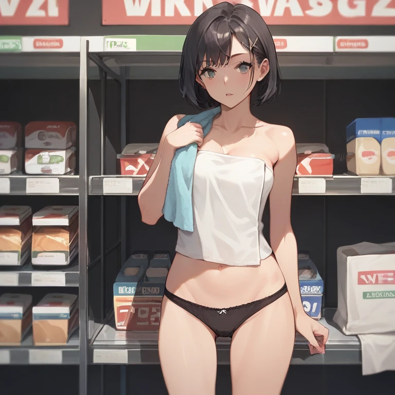 1 woman, wavy orange hair, green eyes , sly face , glasses , white tank top , black panties , abdomen, big breasts , Put your hands on your hips.... , spread your legs , canvas shoes , convenience store