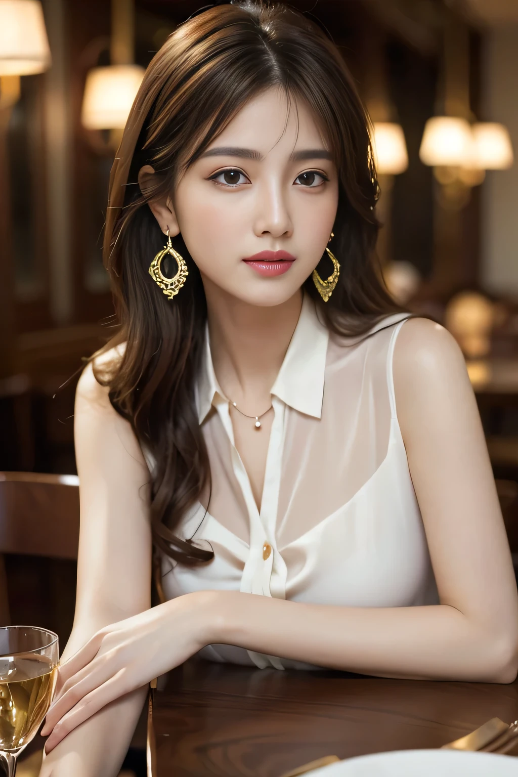 masterpiece, Highest quality, Realistic, Very detailed, Finer details, High resolution, 8k wallpaper, One beautiful woman, Wear a white silk shirt, In a great restaurant, At night, Light brown messy hair, Perfect dynamic composition, Beautiful and beautiful eyes、Big earrings、chest、Sleeveless shirt、
