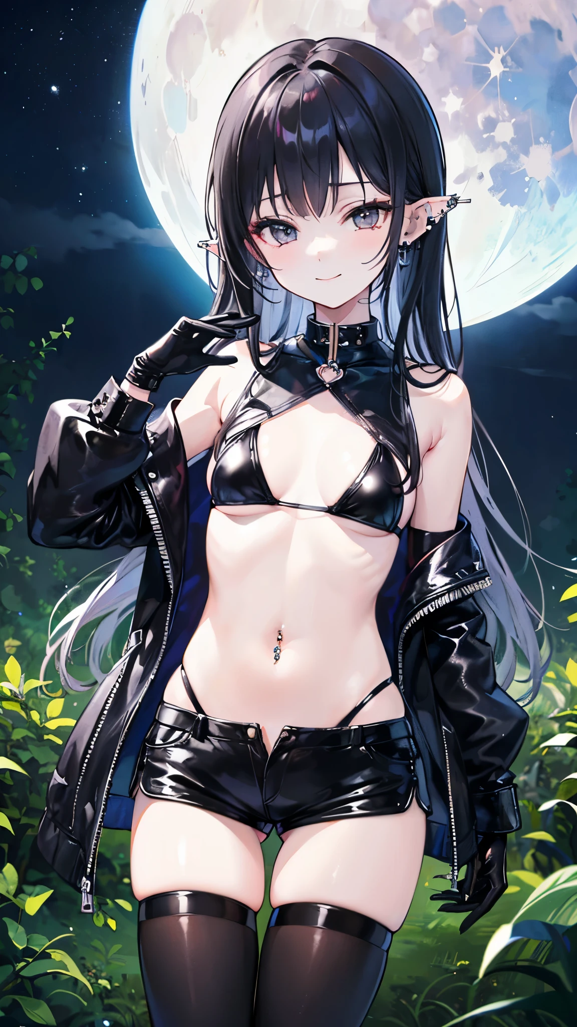 (masterpiece、Highest quality、Very detailed))、One girl、Black Hair、Long Hair、twintails、blunt bangs、Grey Eyes、evil smile、((Grin))、Pointed Ears、((lots of piercings))、((Small breasts))、((black microbikini))、((micro miniskirt))、Devil horns、Bat Wings、Cowboy Shot、Hands on hips、((night))、skyscraper、night景の背景