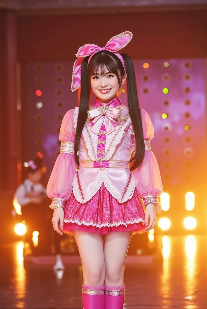 A beautiful young girl with long twin tails, wearing an idol costume with a double-piece outfit, smiling, full body shot showing her legs, high definition, top quality, photorealistic, intricate details, warm lighting, vibrant colors, fantasy, elegant, cute