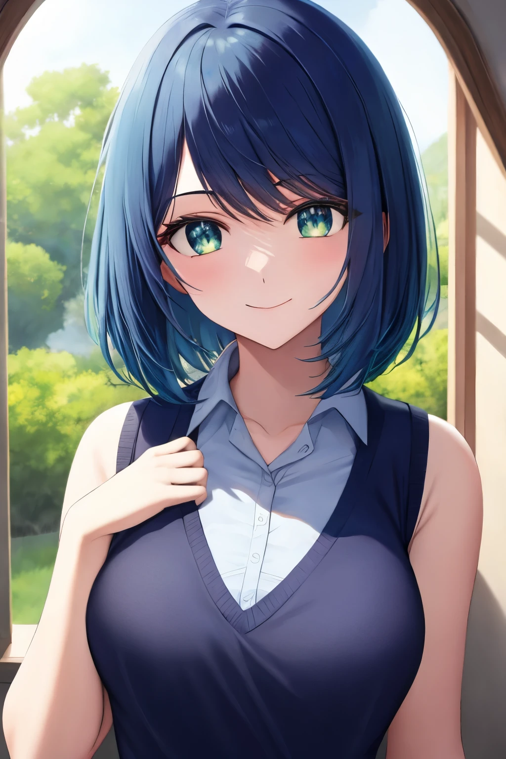 (Masterpiece, top quality: 1.2), close-up shot , anime girl with blue hair and vest and tie, green dark eyes , sunlight shining through a window, perfect face from above, shiny bob haircut , short dark blue hair , smiles, beautiful、And symmetrical face , Graceful dark blue dress , very detailed, top quality, expressive eyes, perfect face from above, Very high quality , very detailed