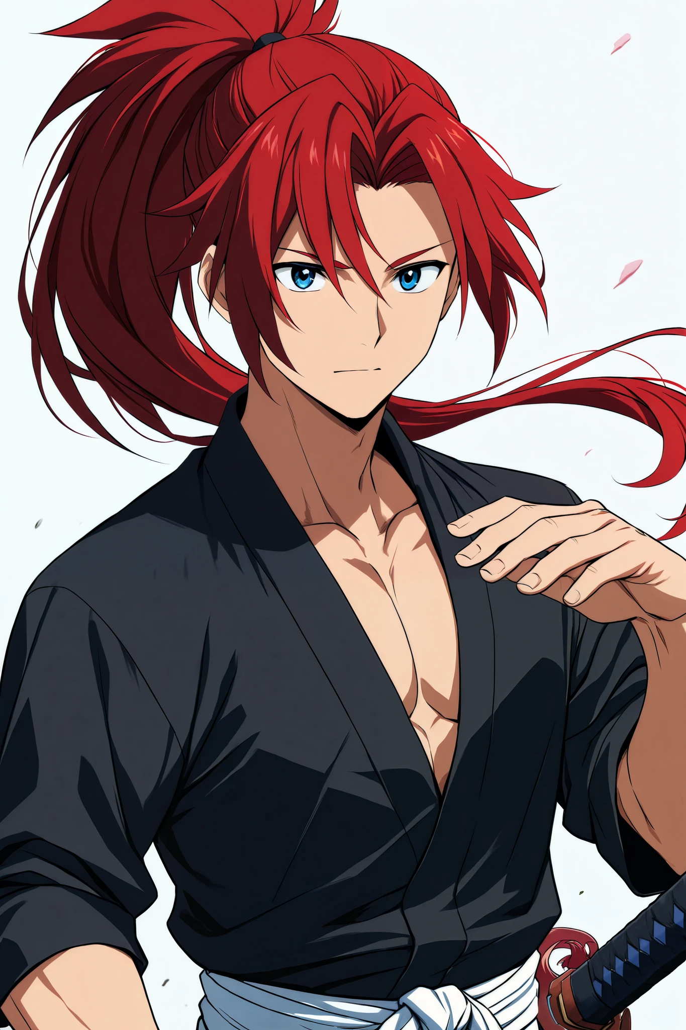 Male martial arts protagonist with long dark red ponytail hair. He is relentless . He is wearing a Japanese sword around his waist. He is handsome . anime style.