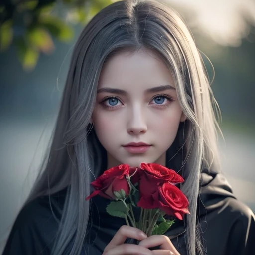  1 girl,Alone, 1 girl,Alone,((  beautiful eyes in every detail  )), (Detailed light), depth of field,(Gray Hair),Silver Eyes, hair hangs over one eye ,(Red Flower ),  hair flower, long hair, black cloaks, wet,Emotionless, on your face,  knight ,Starfall, it's raining,fog,Red Flowers falling,sketch, upper body,Dark Shadows,