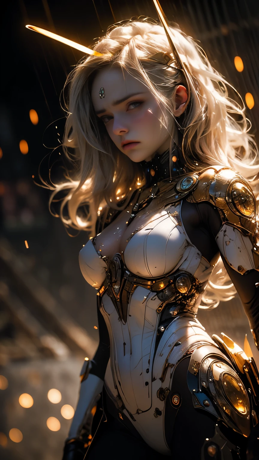 ((Best quality)), ((masterpiece photograph)), (insanely detailed: 1.4), a beautiful frowning Cyberpunk girl with long white hair, (glowing LED lights), ((cinematic lighting)), (chiaroscuro effect), ((out of focus background)), cowboy shot