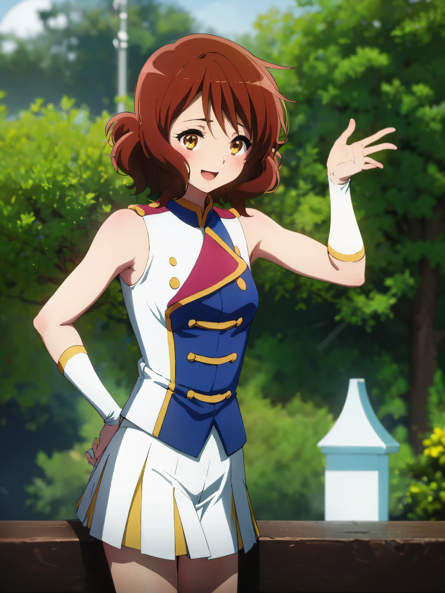( highest image quality taken by Ki , 8k, High Quality , Detailed hair,Masterpiece:1.2)、Kuchiki Kuna 、sun festival, mini shako cap, uniform,Eye Enhancement、 face light 、Sparkling Eyes、Alone、 1 girl、View your viewers、sketch、 flat color、、Anime、Animeカラーリング、garden、smile、 Random Poses、( blur background :1.3)、 upper body、Cover the subject completely, (perfect hand, perfect anatomy) big smile when looking back、Accurate Fingers数量、 spread your legs、Accurate Fingers, (perfect hand, perfect anatomy),Smiling towards you、Funny Face、funny face,Zany、Kumiko Oumae、 Light Background 、Vibrant Background、