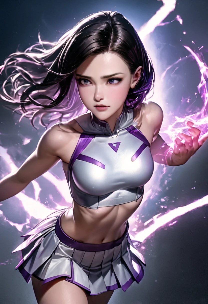 
[High quality, detailed, dramatic], [stunningly beautiful young woman in her early 20s:1.3], [tall athletic heroine figure:1.2], [perfect posture:1.2], [striking facial features:1.3], [high cheekbones:1.2], [intense glowing violet eyes:1.4], [flowing black hair with ethereal purple sheen:1.3], [hair floating with energy:1.2], [radiating power:1.2], [heroic confident pose:1.3], [form-fitting white and silver crop top and pleated mini skirt:1.2], [costume reminiscent of super girls:1.2], [sculpted athletic physique:1.2], [graceful floating stance:1.2], [energy crackling around hands:1.2], [otherworldly beauty:1.3], [science laboratory background:1.1], [dramatic lighting:1.2],

Additional specifications:
- Expression should be confident and powerful
- Overall aesthetic should be "power and beauty unleashed"
- Energy effects should be subtle and elegant, not overwhelming